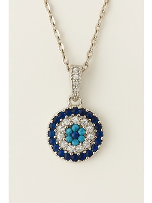 Mavi Nazar Boncuk Çelik Kolye Gümüş Renk Kararmaz ve Paslanmaz