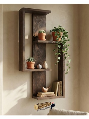 Jet Ağaçkakan Geometrik Ahşap Duvar Rafı - Koyu Ceviz – Asimetrik Tasarım