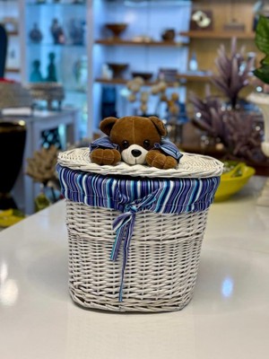 Sever Beyaz Peluş Detay Oval Hasır Çamaşır/oyuncak Sepeti 31X24X27CM