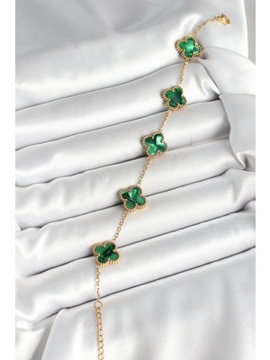 Vice Avm 316L Çelik Sedefli Zümrüt Yeşil Gold Renk Yonca Kadın Bileklik - TJ-BB6968 TG-V 9233