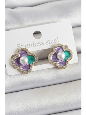 Vice Avm Pirinç Mor Mineli İnci Detaylı Zirkon Taşlı Sanatsal Portre Yonca Model Gold Renk Kadın Küpe - TJ-BKP10680 TG-V 9329