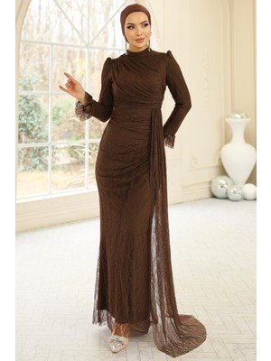 Olcay Volan Detaylı Dantel Tesettür Abiye Elbise KAHVE 1251
