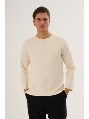 Waffle Kumaş Düğmeli Yaka Uzun Kollu Sweatshirt