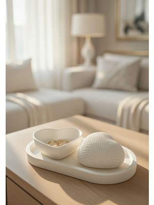 Safir Design 3'lü Kalp Temalı Dekoratif Set - Oval Tepsili ve El Yapımı
