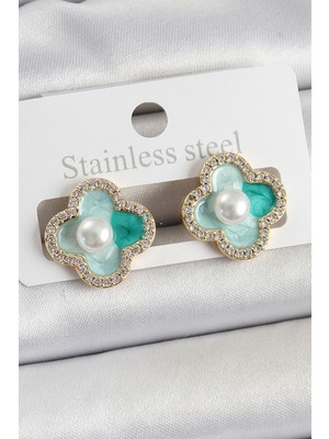 Vice Avm Pirinç Yeşil Mineli İnci Detaylı Zirkon Taşlı Sanatsal Portre Yonca Model Gold Renk Kadın Küpe - TJ-BKP10681 TG-V 9330