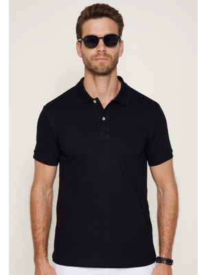 Tudors Erkek Slim Fit Dar Kesim Pamuklu Yumuşak Doku Nefes Alan Kumaş Kıvrılmaz Yaka Siyah Polo Yaka Tişört