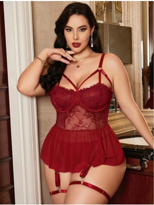 Ruselin Kadın Bordo Dantelli Transparan Büyük Beden Fantezi Gecelik Takımı 8002