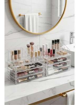 Bayev 2 Adet Ruby Şeffaf Organizer Set – 3 Çekmeceli Dior ve 16 Bölmeli Ruby Düzenleyici Makyaj Organizeri