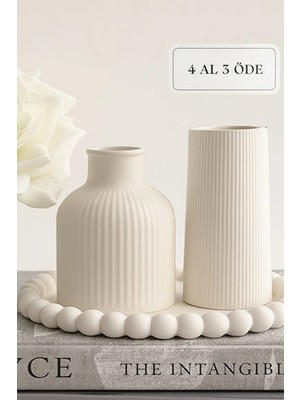 2’li Seramik Bohem Iskandinav Vazo ve Boncuk Detaylı Dekoratif Altlık Seti –hediyelik Modern Beyaz