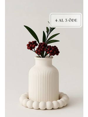 Bohem Tarzı Beton Iskandinav Vazo ve Dekoratif Hediyelik Boncuklu Altlık Seti - Doğal Ekru