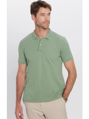 Tudors Erkek Slim Fit Dar Kesim Pamuklu Yumuşak Dokulu Serin Tutan Kumaş Düz Pike Haki Polo Yaka Tişört