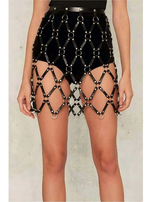 Moda Şahsenem Kare Detaylı Şık Deri Harness Etek - BRF694_KOPYA(1)