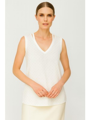 Mutlu Ertan Kadın V Yaka Taşlı Atlet Ekru 30298