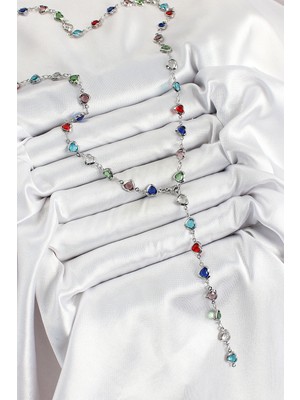 Vice Avm Pirinç Gümüş Renk Karışık Renk Zirkon Taşlı Kalpli Y Kadın Kolye  TG-VİCE10302 TG-V 9413