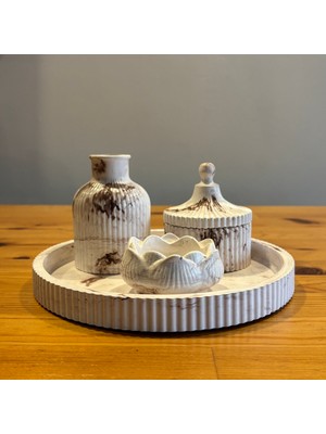 Atölye Sonart Ebru Desenli Taş Tozu Dekoratif Tepsili 4'lü Mumluk Set