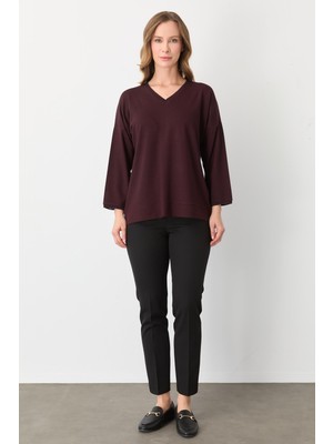Mutlu Ertan Kadın V Yaka Ribanalı Bluz Bordo 30432