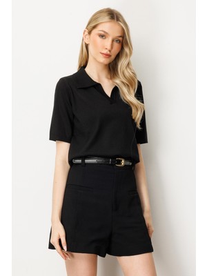 Mutlu Ertan Kadın Polo Yaka Kısa Kol Triko Bluz Siyah 20247
