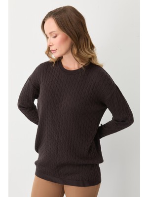 Mutlu Ertan Kadın Saç Örgü Triko Sıfır Yaka Uzun Kol Bluz Kahve 20301