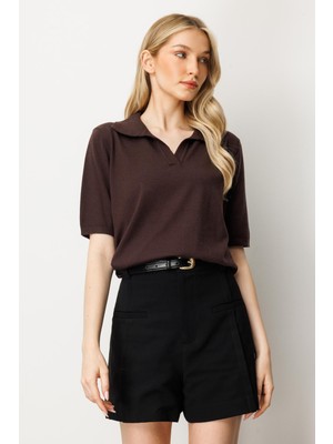 Mutlu Ertan Kadın Polo Yaka Kısa Kol Triko Bluz Vino 20247