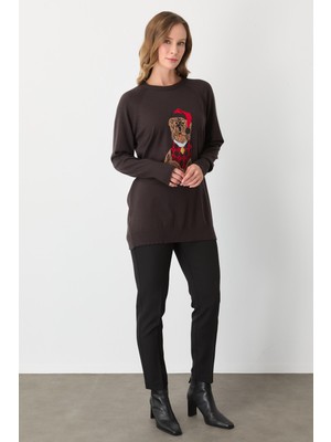 Mutlu Ertan Kadın Köpek Desenli Triko Bluz Kahve 20292