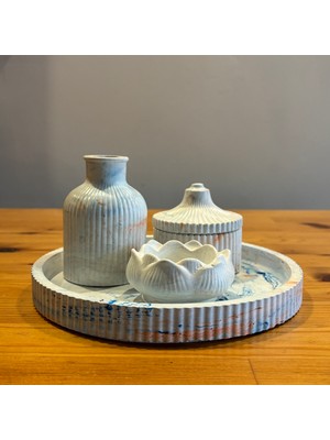 Atölye Sonart Ebru Desenli Taş Tozu Dekoratif Tepsili 4'lü Mumluk Set