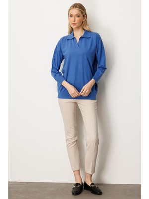 Mutlu Ertan Kadın Gömlek Yaka Triko Bluz Kobalt 20076