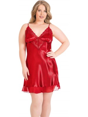 Moda Şahsenem Büyük Beden Kırmızı Kısa Saten Gecelik