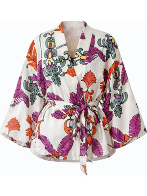 Retrobird Mini Wrap Bluz Kimono Kadın Beyaz Turuncu
