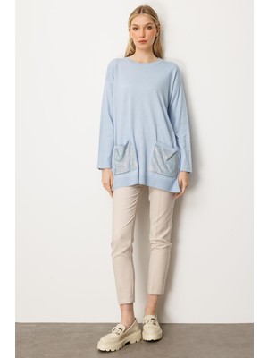 Mutlu Ertan Kadın Taş Baskılı Triko Bluz Mavi 20220