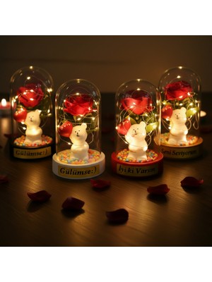 ForWhat Büro Ev Ofis Hediyesi Için Ledli Balonlu Ayıcık Gül Fanus