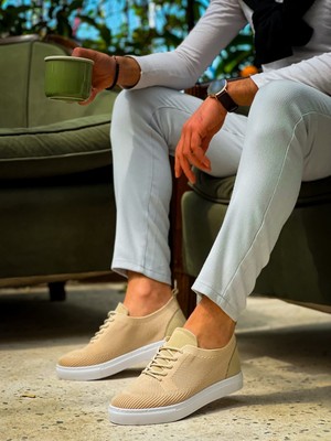 Zapatos KB101 Erkek Günlük Bağcıklı Triko Spor Sneaker Ayakkabı Tbt - Bej