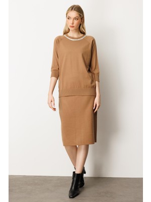 Mutlu Ertan Kadın Düğme Detaylı Triko Etek Camel 20232