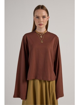 Minaaise Kadın Kahverengi Geniş Kol Oversize Kısa Basic T-Shirt 30059
