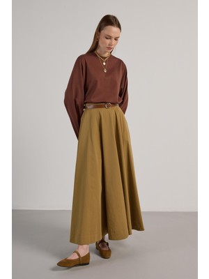 Minaaise Kadın Kahverengi Geniş Kol Oversize Kısa Basic T-Shirt 30059