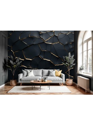 Altın Renkli Çatlaklı Siyah 3D Poster Duvar Kağıdı