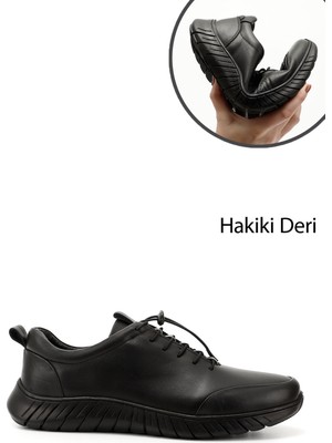 GÖNDERİ Erkek Siyah  Bağcıklı Kauçuk Taban Hakiki Deri Sneaker