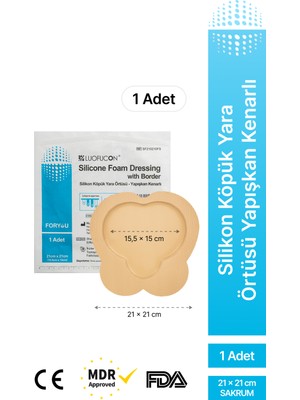 LUOFUCON® Silikon Jel Yapışkanlı Köpük Sakrum Kalça Yara Örtüsü Bası ve Yatak Yarası 21x21cm (1 Adet)