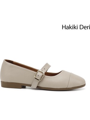 GÖNDERİ Kadın Antik Bej  Baskılı Mary Jane Hakiki Deri Babet