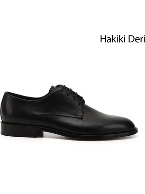 Erkek Siyah Bağcıklı Kösele Taban Hakiki Deri Klasik Ayakkabı