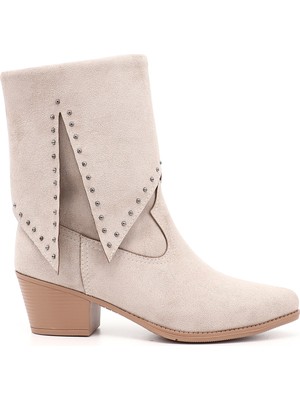 GÖNDERİ Kadın Bej  Sivri Burun Kalın Topuklu Kovboy Çizme