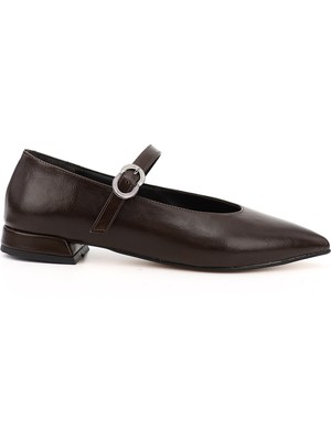 Kadın Kahve Sivri Burunlu Mary Jane Babet