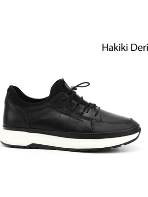 Erkek Siyah Likralı Lastik Bağcıklı Hakiki Deri Comfort Sneaker