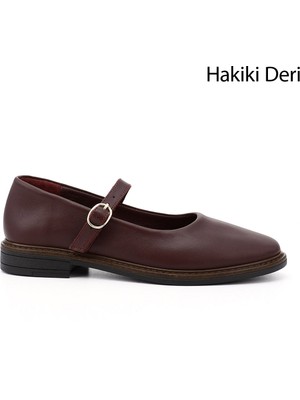 GÖNDERİ Kadın Bordo  Kısa Kalın Topuklu Mary Jane Hakiki Deri Babet