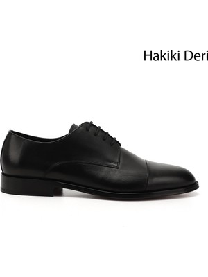 Gönderi® Erkek Siyah Bağcıklı Kösele Taban Hakiki Deri Klasik Ayakkabı