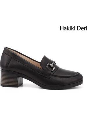 GÖNDERİ Kadın Siyah  Kısa Kalın Topuklu  Hakiki Deri Ayakkabı