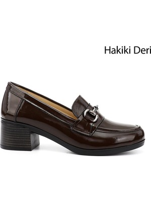 GÖNDERİ Kadın Kahve  Kısa Kalın Topuklu  Hakiki Deri Ayakkabı