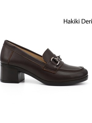 GÖNDERİ Kadın Kahverengi  Kısa Kalın Topuklu  Hakiki Deri Ayakkabı
