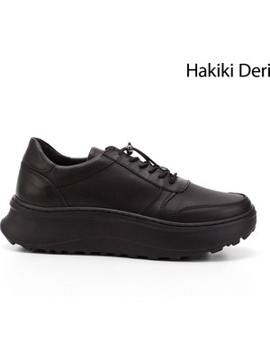 GÖNDERİ Kadın Siyah  Lastik Bağcıklı Comfort Dolgu Taban Hakiki Deri Sneaker