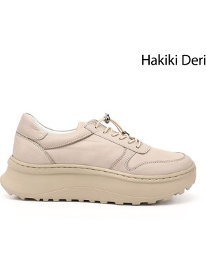 GÖNDERİ Kadın Bej  Lastik Bağcıklı Comfort Dolgu Taban Hakiki Deri Sneaker