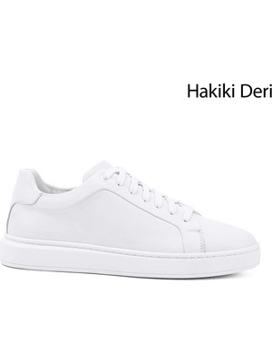Erkek Beyaz Bağcıklı Kauçuk Taban Hakiki Deri Sneaker